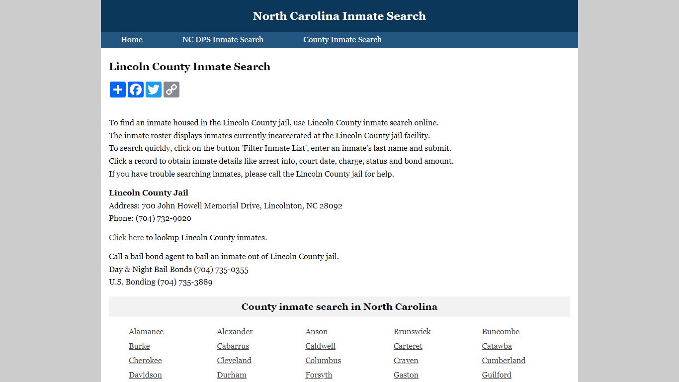 Lincoln County Inmate Search - North Carolina Inmate Search